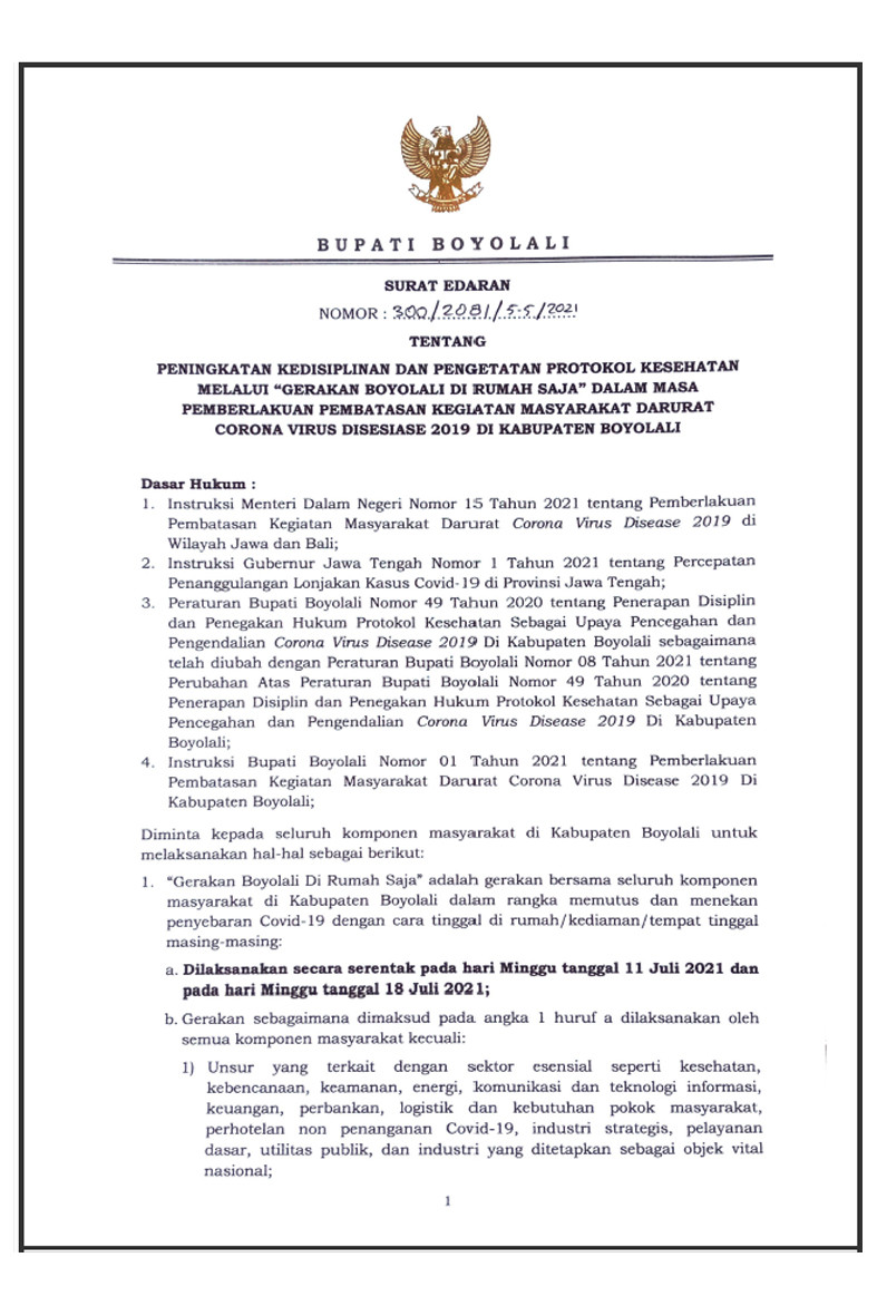 SE _Gerakan Boyolali di Rumah Saja_ 11 & 18 Juli 2021